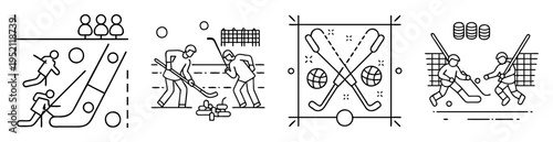 Four hockey themed icons showing players, sticks, pucks, nets and spectators