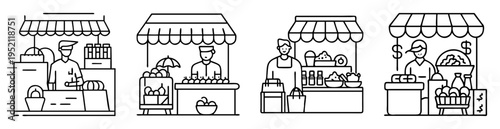 Four stylized images of vendors in market stalls with various products