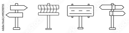 Four distinct styles of road signs in black outline on white background