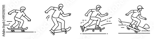 Collection of line art illustrations depicting people skateboarding in various poses