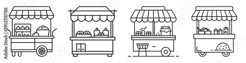 Outlined Illustration of Four Food Street Cart Vending, Each with Different Goods