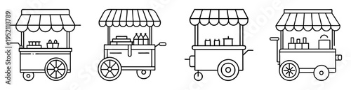 Four Line Art Illustrations of Mobile Food Carts with Awnings