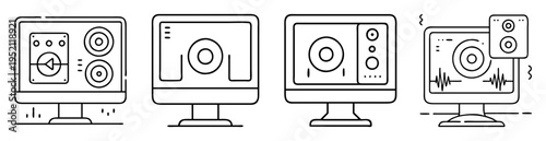 Line art depiction of four computers showcasing speaker setups and waveforms