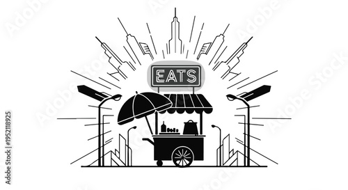 Vibrant city street food stall with glowing "EATS" sign and stylized skyscrapers