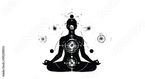 Silhouette meditating figure with glowing chakra symbols and cosmic energy in a serene, spiritual pose.