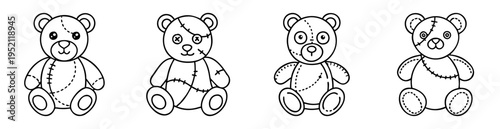 Collection of four outlined teddy bears with stitched repair details and varying designs