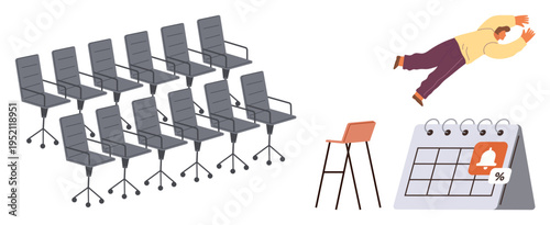 Workplace dynamics, business schedules, office tasks, deadlines, productivity, risk awareness. Group of chairs, calendar with alert stool and falling person. Workplace dynamics and business