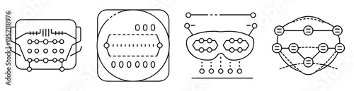 Collection of four distinct abstract line diagrams representing various concepts