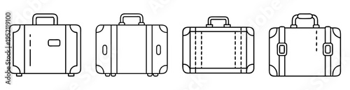 Line art illustration showcasing four different vintage travel suitcases with handles