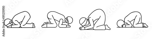 Four simple line drawings showing the Islamic prayer position of Sujud