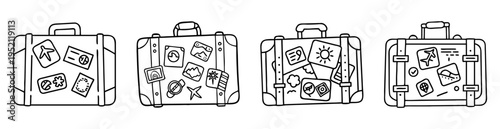 Hand drawn vintage suitcases with travel stickers and adventure travel concept