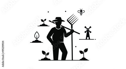 Farmer in hat with pitchfork tending to crops in a field with windmill and bee.