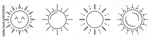 Four variations of sun illustrations, radiating warmth and light in black outline