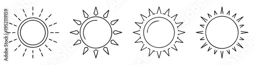 Four different designs of sun icons with varying rays and intensities