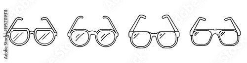 Four pairs of eyeglasses in line art with different frame shapes
