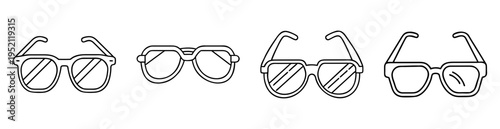 Outlined eyeglasses collection showing various styles for vision correction, monochrome aesthetic