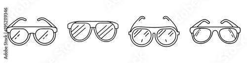 Four variations of stylish sunglasses designs in a simple black outline