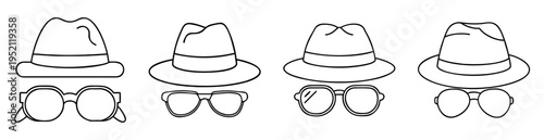 Line art illustration of vintage hats and sunglasses on a white background