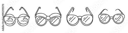 Line art illustration showing a variety of different sunglasses frames and styles