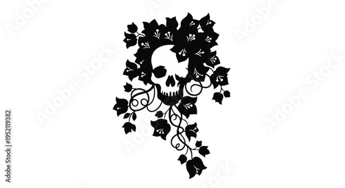 Mysterious skull adorned with dark floral elements, evoking gothic elegance