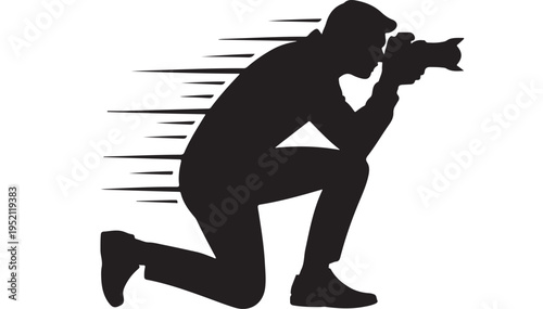 A dynamic black silhouette illustration captures a determined photographer in action, kneeling and focused on capturing a perfect shot, conveying speed and precision in their craft