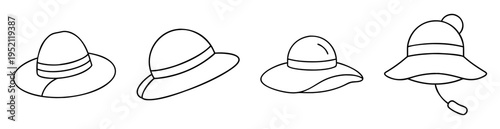 Four cute cartoon hats with varying shapes, brim sizes, and details