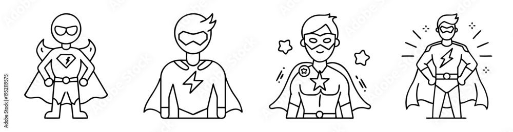 Obraz premium Set of outlined superhero icons in various poses with unique details