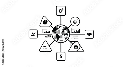 Global business strategy diagram showing interconnected concepts and data analysis
