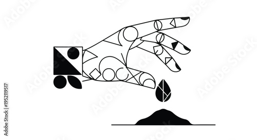 Abstract hand with geometric patterns creates a small pile of earth, symbolizing creation and growth.