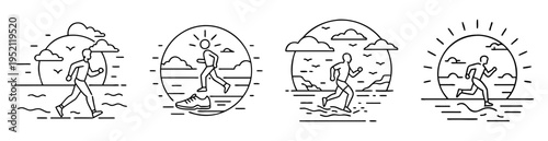 Monochrome line art illustration depicting runners in natural, sunny landscapes