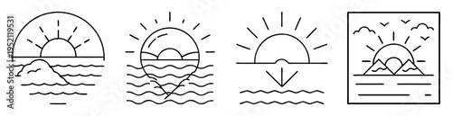 Simple line art collection of sunrises and sunsets over water with mountains
