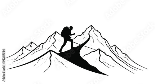 Adventurous silhouette of a hiker reaching the summit of a majestic mountain peak.