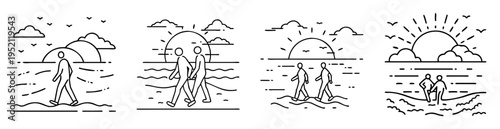 minimalist line drawing of people walking by the sea at sunset