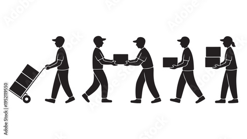 Delivery Workers Silhouette Illustrating Package Handling Process in Minimalist Black and White Vector Graphic for Logistics and Shipping Services.