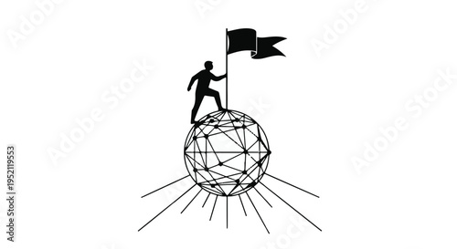 Silhouette of a person planting a flag on a futuristic globe, symbolizing achievement and global reach.