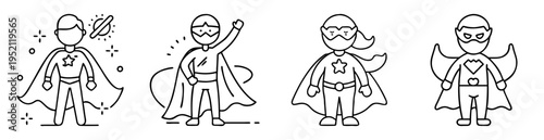 Variety of superheroes standing poses wearing capes and costumes outlined in black