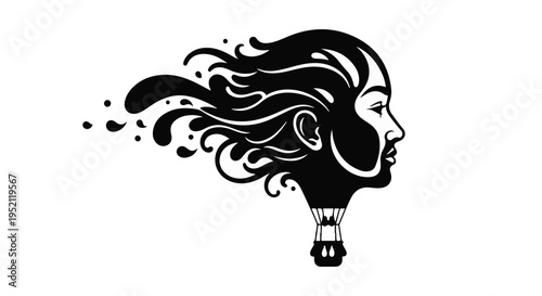 Abstract profile of a woman's head transforming into a hot air balloon, symbolizing imagination and freedom.