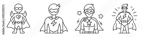 Set of outlined superhero icons in various poses with unique details