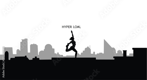 Silhouette of a flexible person in a dynamic yoga pose against a city skyline