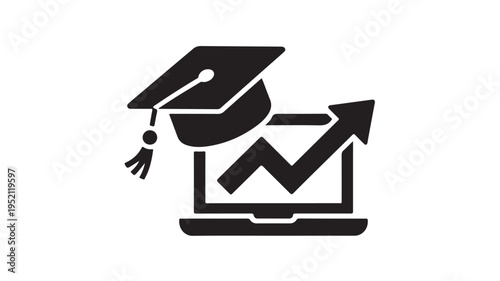 Digital Learning Achievement Icon with Upward Trend in Monochrome Flat Vector for Online Education Platforms.