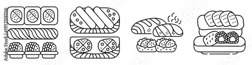 Variety of sushi rolls in a black and white outlined illustration