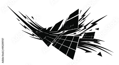 Dynamic abstract illustration of a futuristic jet fighter in motion with energetic lines and geometric shapes.