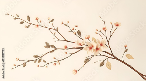 A subtle floral design with a vintage charm, featuring branches and leaves in soft, faded colors