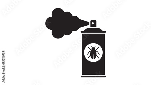 Pest control spray can illustration with a bug icon in black silhouette for extermination services and warning signs.