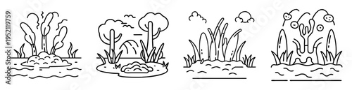 Set of four black and white wetland scenes featuring diverse flora