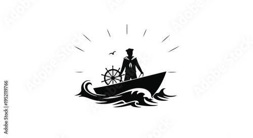 Silhouette of a sailor at the helm of a boat at sea, navigating through waves under a radiating sun.