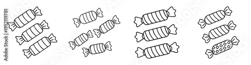 Black and white outline drawing of groups of wrapped candy