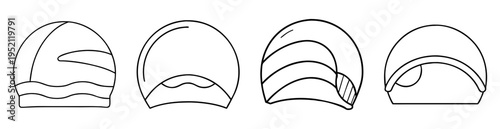A graphic black and white illustration of a collection of unique swim caps