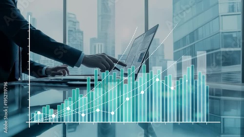 Business man working on computer as a steady rising graph appears, representing stable growth, financial performance, data analysis and balanced business development.
