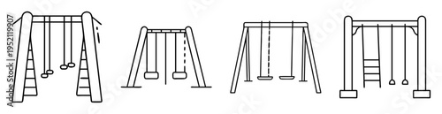 Four playground swingsets in simple line art representation, isolated on white